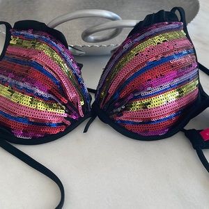 Victoria Secret sequin multi color  bathing suit top sz 34B string closures